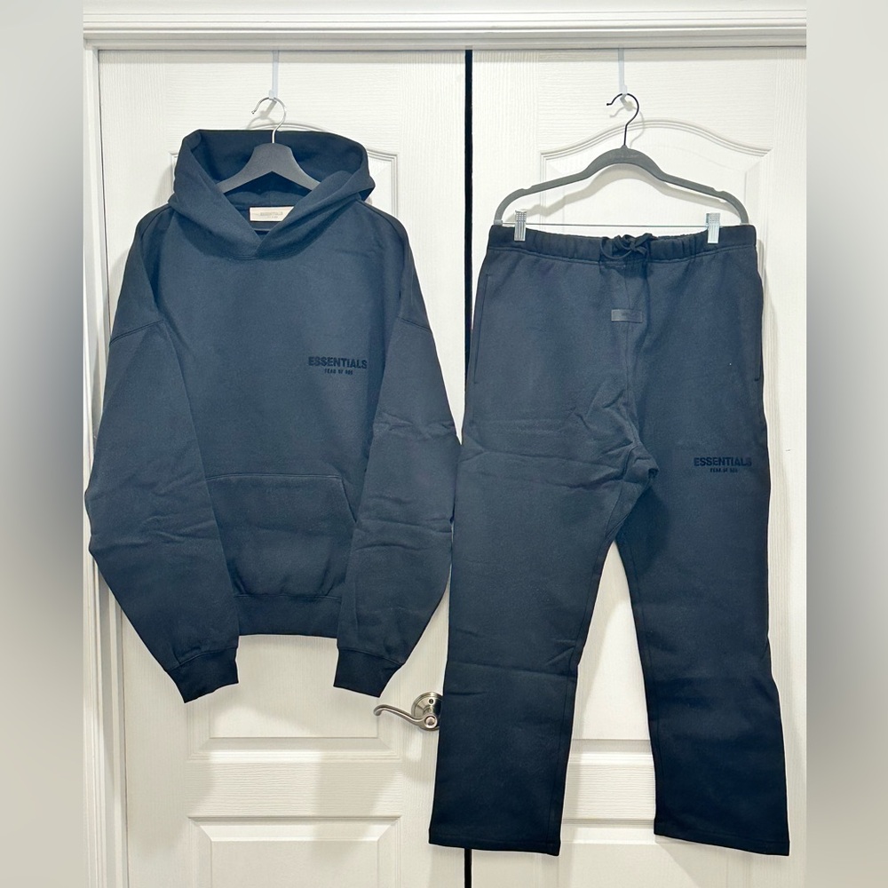 Men’s Essentials “Fear of God” Black-on-Black Hoodie Sweatpants Set, Size Large